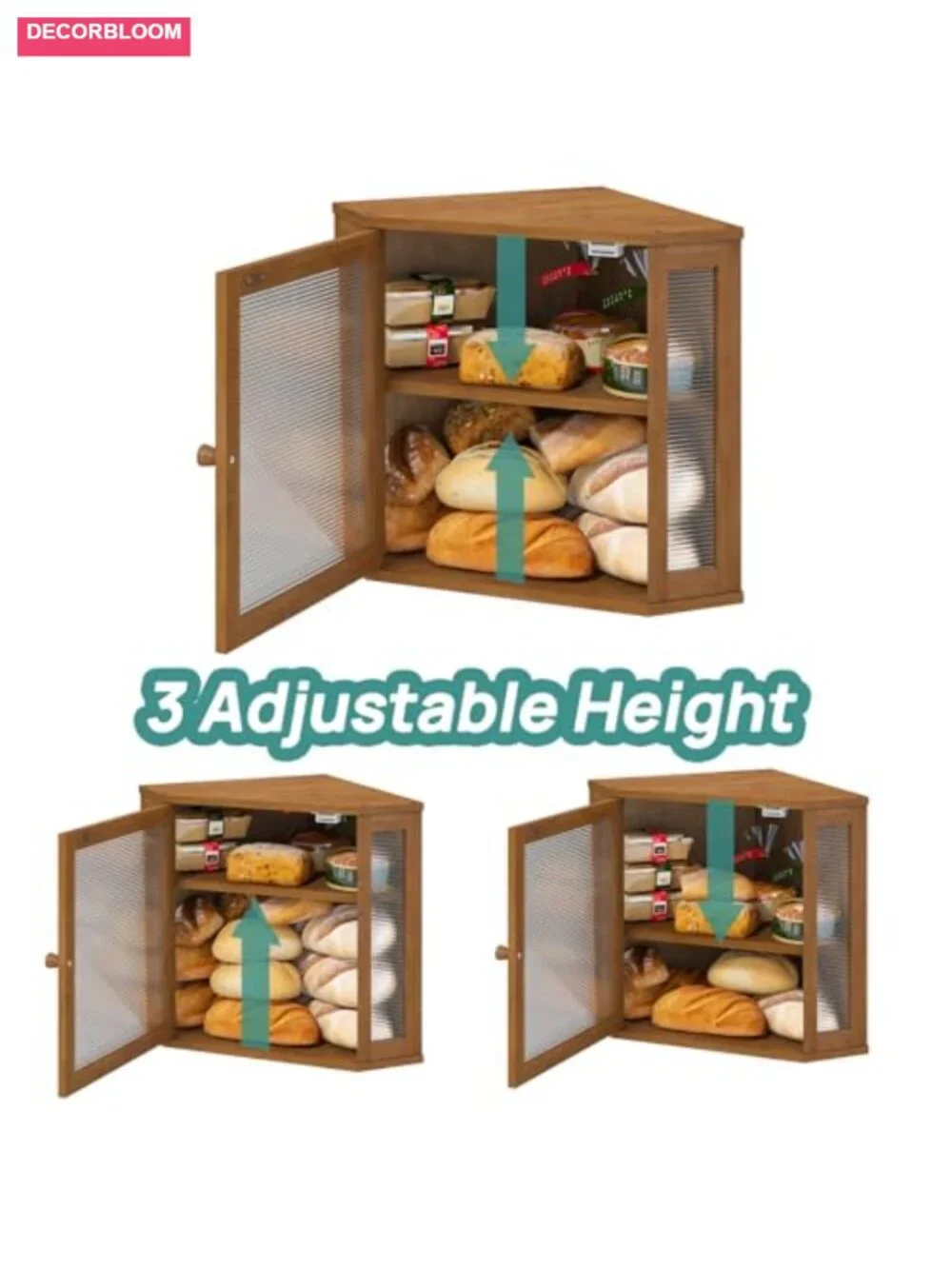 Corner Bread Box Large Capacity Bamboo Wood Kitchen Counter Storage with